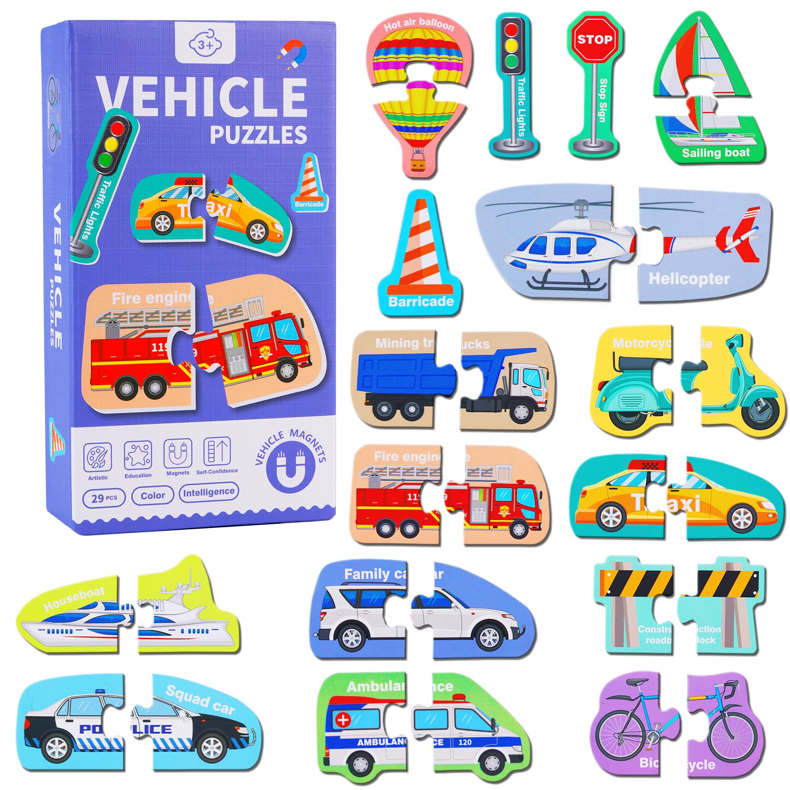 Fridge Magnets for Kids,Large Size Magnetic Vehicles,Puzzle Vehicles Magnets for Refrigerator,Educational Toys Fridge Magnets Toddler Learning Toys(Puzzle Vehicles A)