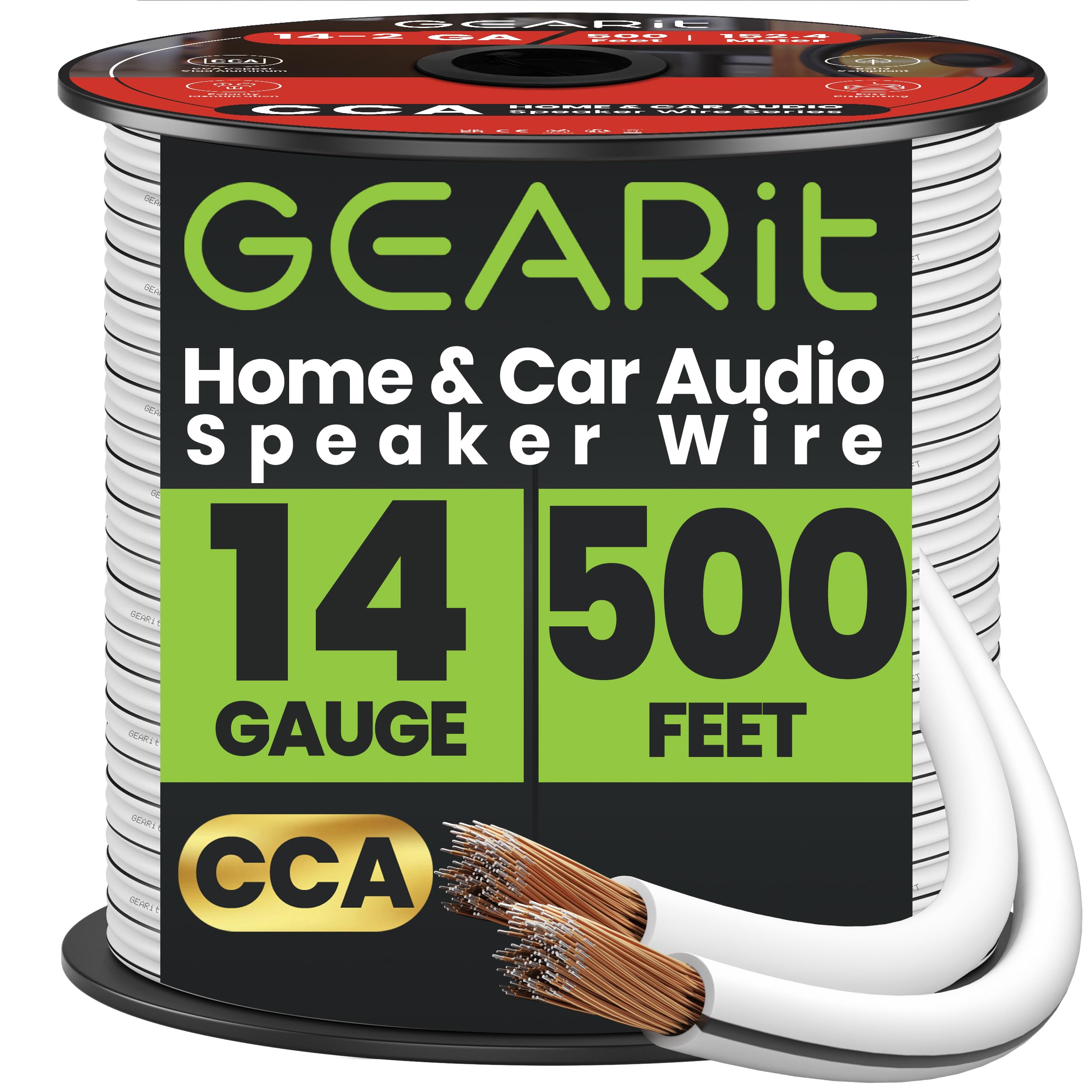 GEARit 14 Gauge Speaker Cable 500ft, 2x2.5mm² CCA Copper Clad Aluminum Speaker Wire for Hifi Home Theater Speakers & Car Audio Stereo, 14AWG Flexible Audio Cable for DIY (152.4M - White)