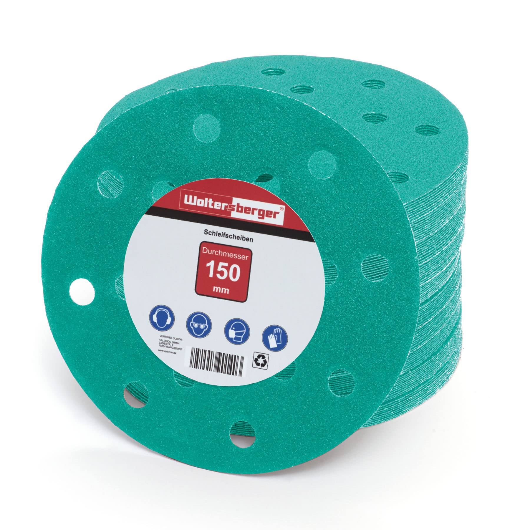 Woltersberger® 50 x Green Abrasive Discs │ 15 Holes │ Diameter 150 mm │ Grit 100 │ for Random Orbital Sanders │ Abrasive Sheets │ Abrasive Paper