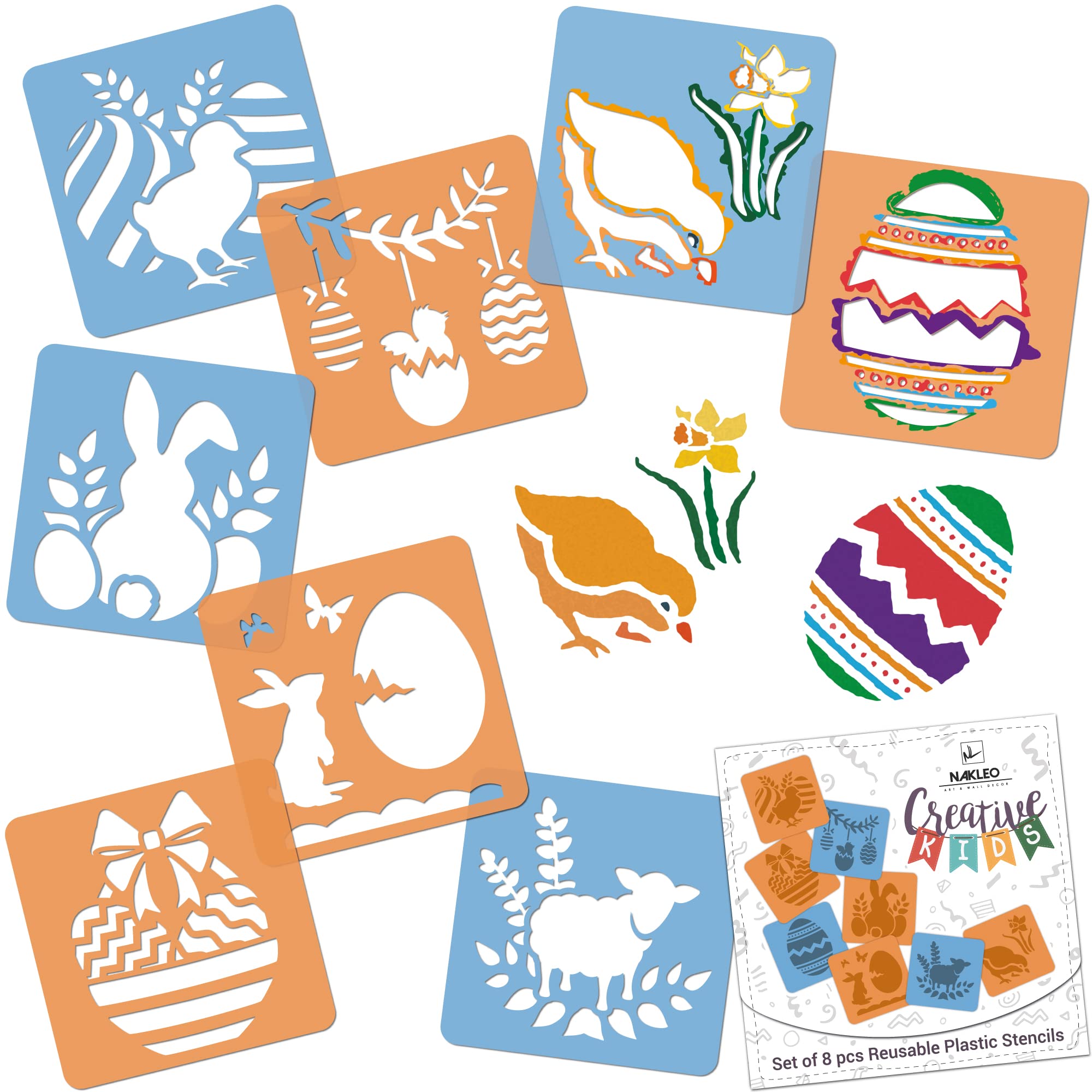 NAKLEO Painting Stencils for Kids, 8 Pcs Set 15x15cm Easter, Children Creative Drawing Templates Plastic and Reusable, DIY Decoration Arts and Crafts, Paper Wall Wood Fabric