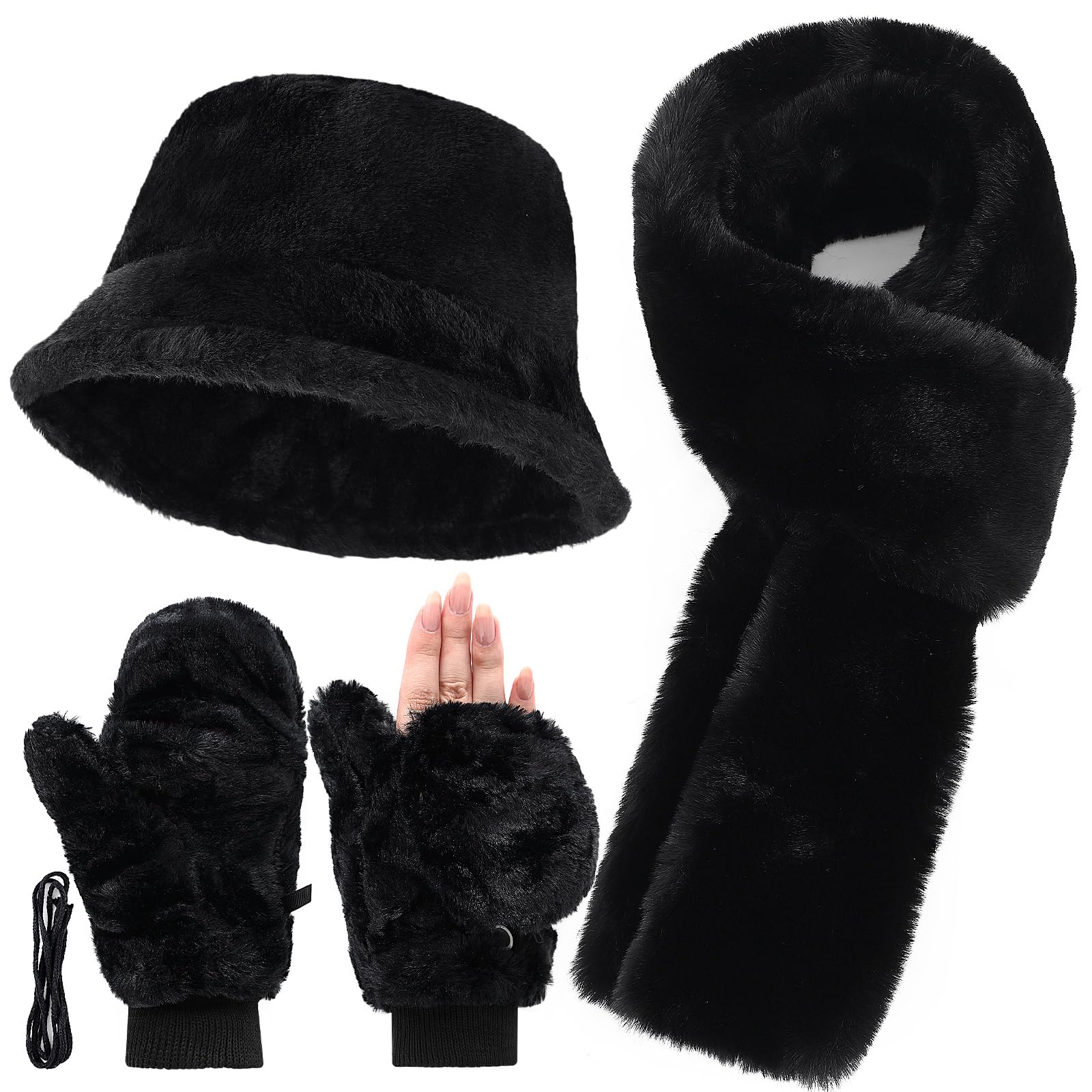 Photo 1 of **MISSING PARTS/check clerk comments**
Jeere 3 Pcs Winter Faux Fur Hat Scarf Gloves Set for Women Faux Fur Bucket Hat Winter Flip Gloves Warm Scarf for Men Women(Black)