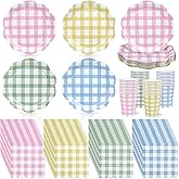 72 Pcs Gingham Party Supplies 9 Inch Colorful Dessert Paper Plates and Napkins Set Disposable Scalloped Picnic Plaid Plates Napkins Cups Checkered Dinnerware Set for Easter Baby Shower Wedding