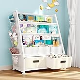 GoTiling Kids Bookshelf and Toy Storage: Sling Book Shelf for Kids Room with 2 Storage Bins to Books and Toys Organizer, 3-Tier Toddler Bookshelf with 3 Side Pockets for Nursery, Bedroom, Playroom