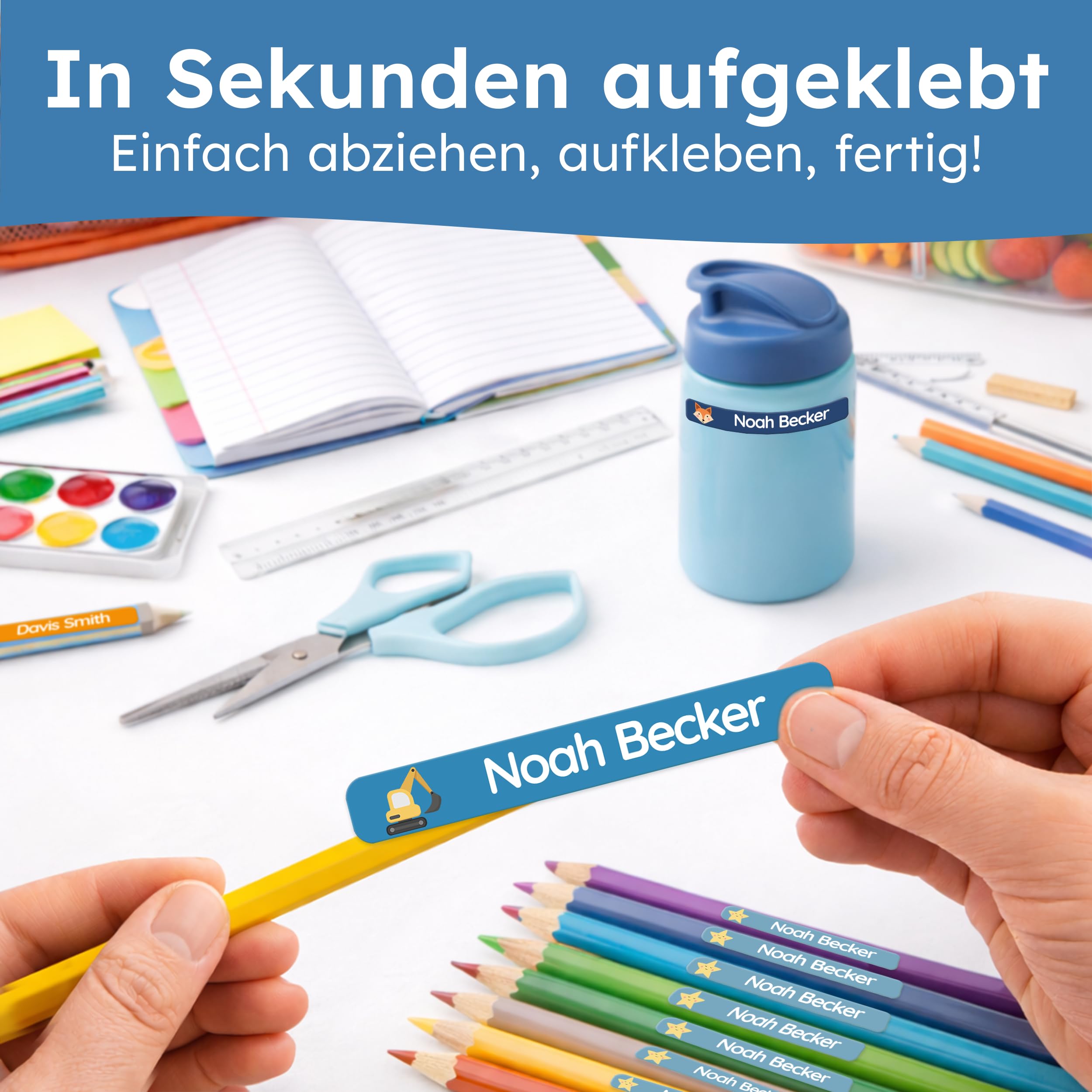 melu kids® Namensaufkleber Kinder für Schule & Kita (75 Stück) - Personalisierte Aufkleber mit Namen für Stifte und alle Schulsachen - Wasserfest in Spülmaschine (Himmelblau) 7