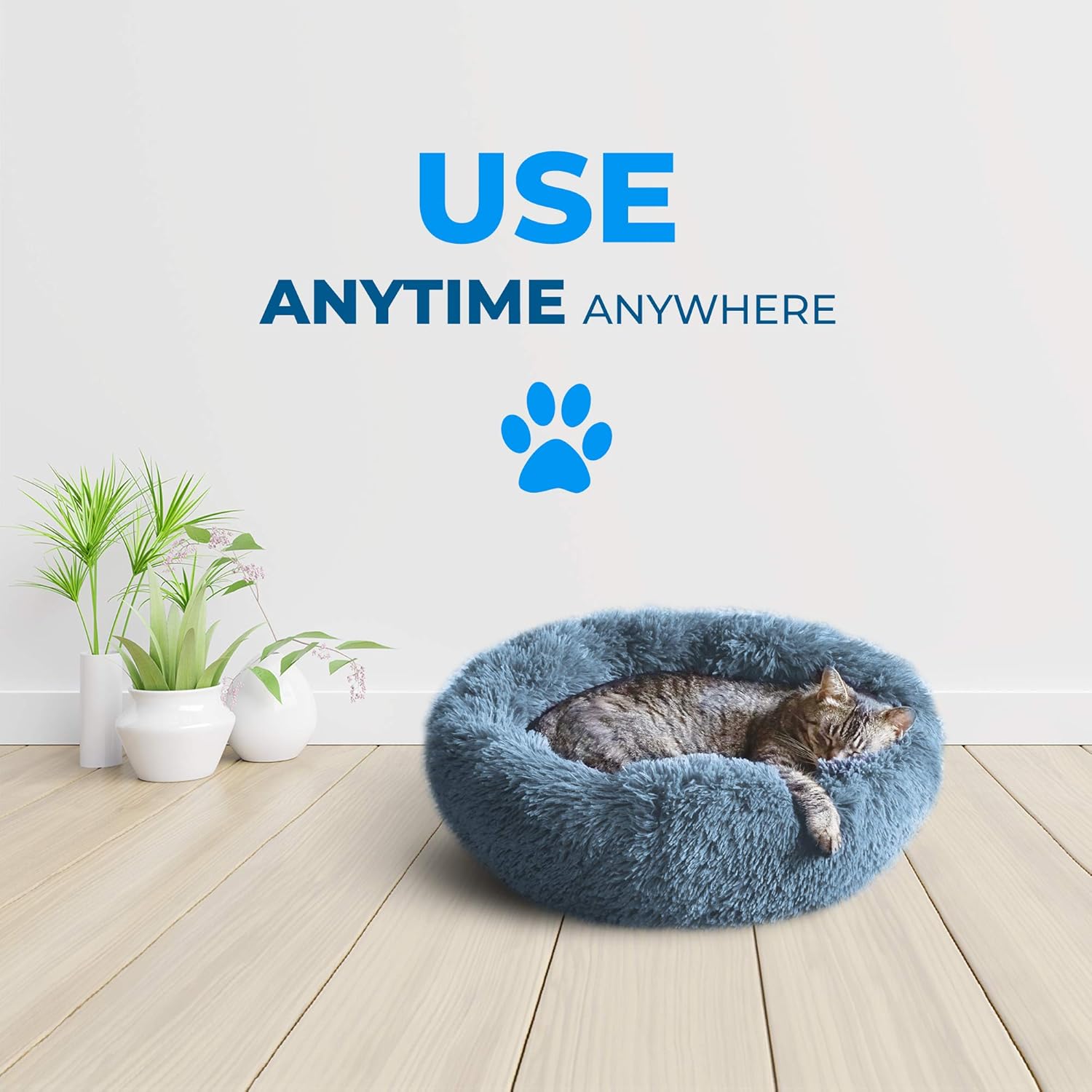Whiskers & Friends Cat Dog Bed Calming Soft Plush Faux Fur Shag Donut Comfort Cuddler Improve Sleep - Up to 25 Pounds - Gentle Delicate Wash, Air Delicate Dry (Navy-Gray) : Pet Supplies