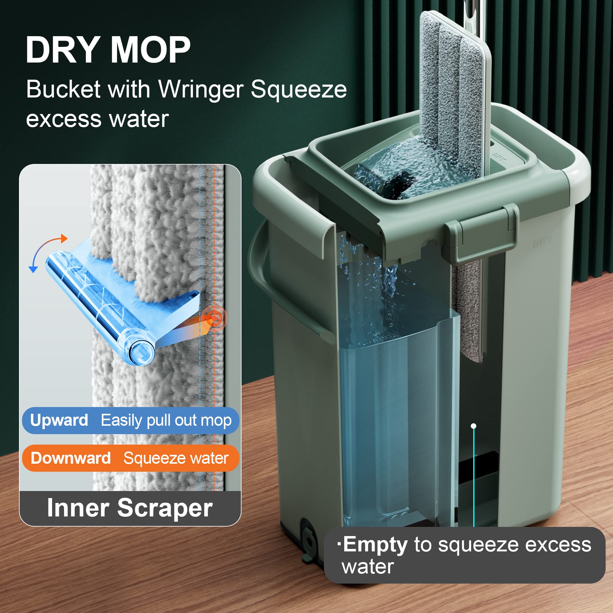 JOYMOOP Mop and Bucket with Wringer Set for Floor Cleaning and Wall Cleaner, Flat Mop and Bucket System Set with 2 Mops and 8 Large Microfiber Pads - Green