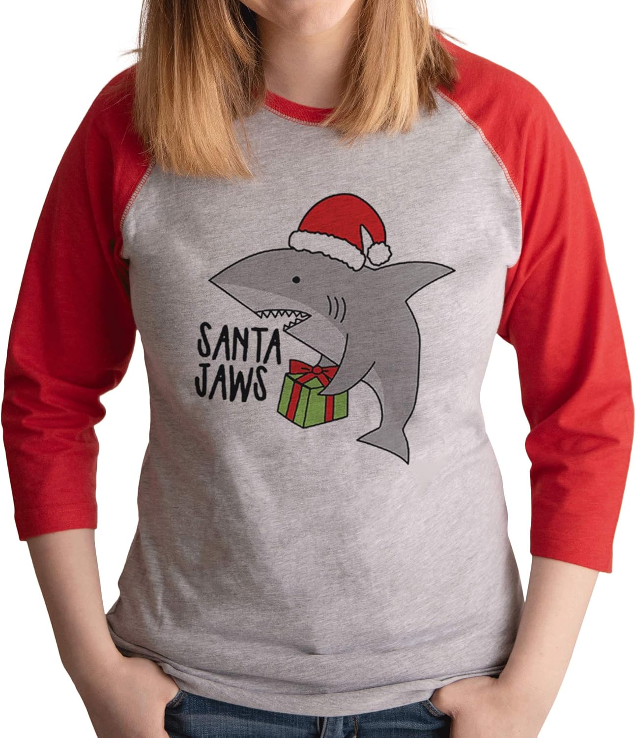 7 ate 9 Apparel Women's Santa Jaws Shark Christmas Shirt Red