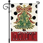 Artscope Welcome Bow Tree Christmas Garden Flag 12x18 Inch Double Sided, Polka Dot Seasonal Outdoor Winter Xmas Flag for Yard Farmhouse Holiday Decoration-Beige