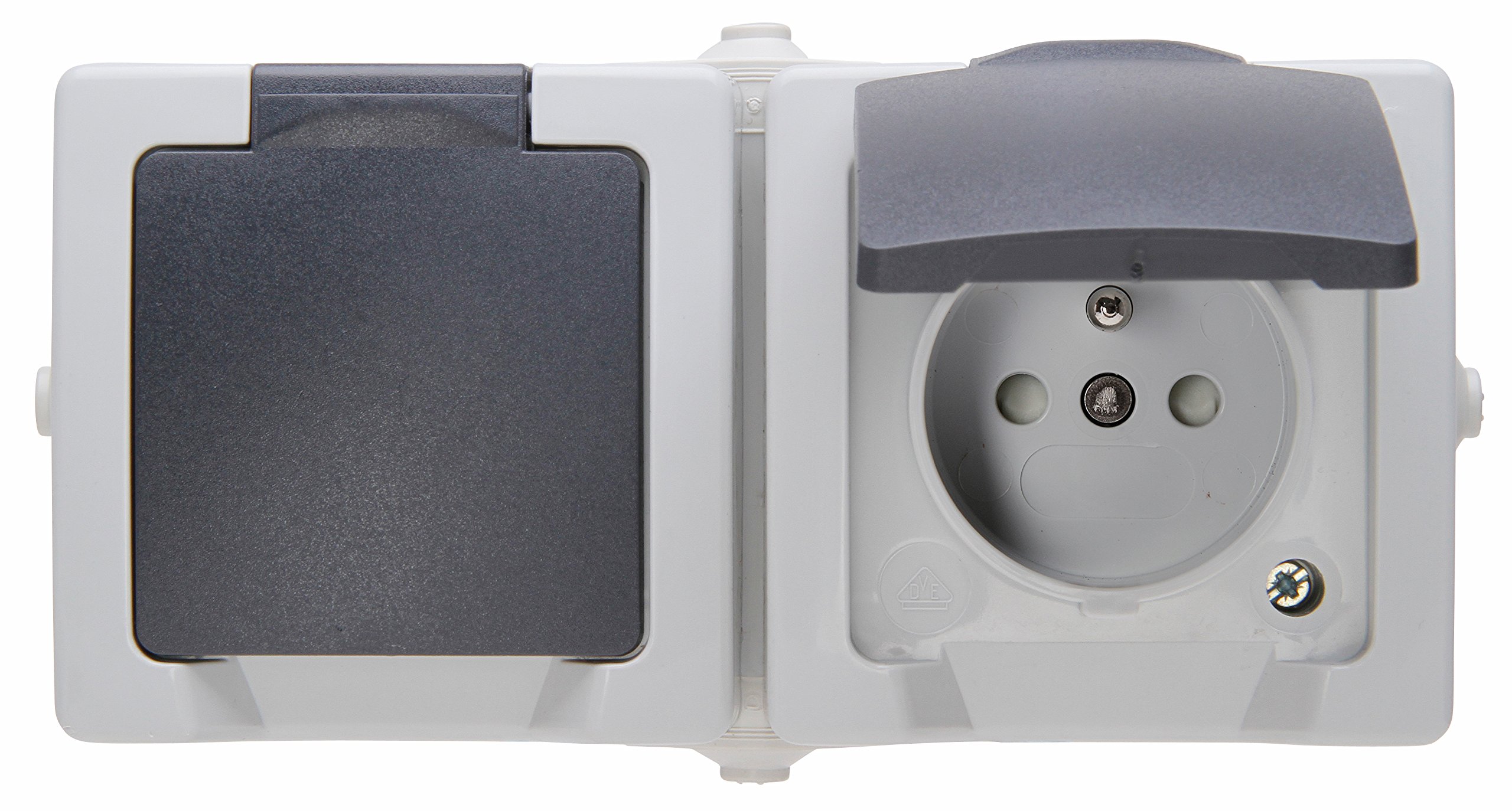 Kopp 137156005 Central Contact Protected Double Plug Socket with Folding Lid and Heightened Touch Protection AP FR Nautic Grey Color, 1 Piece
