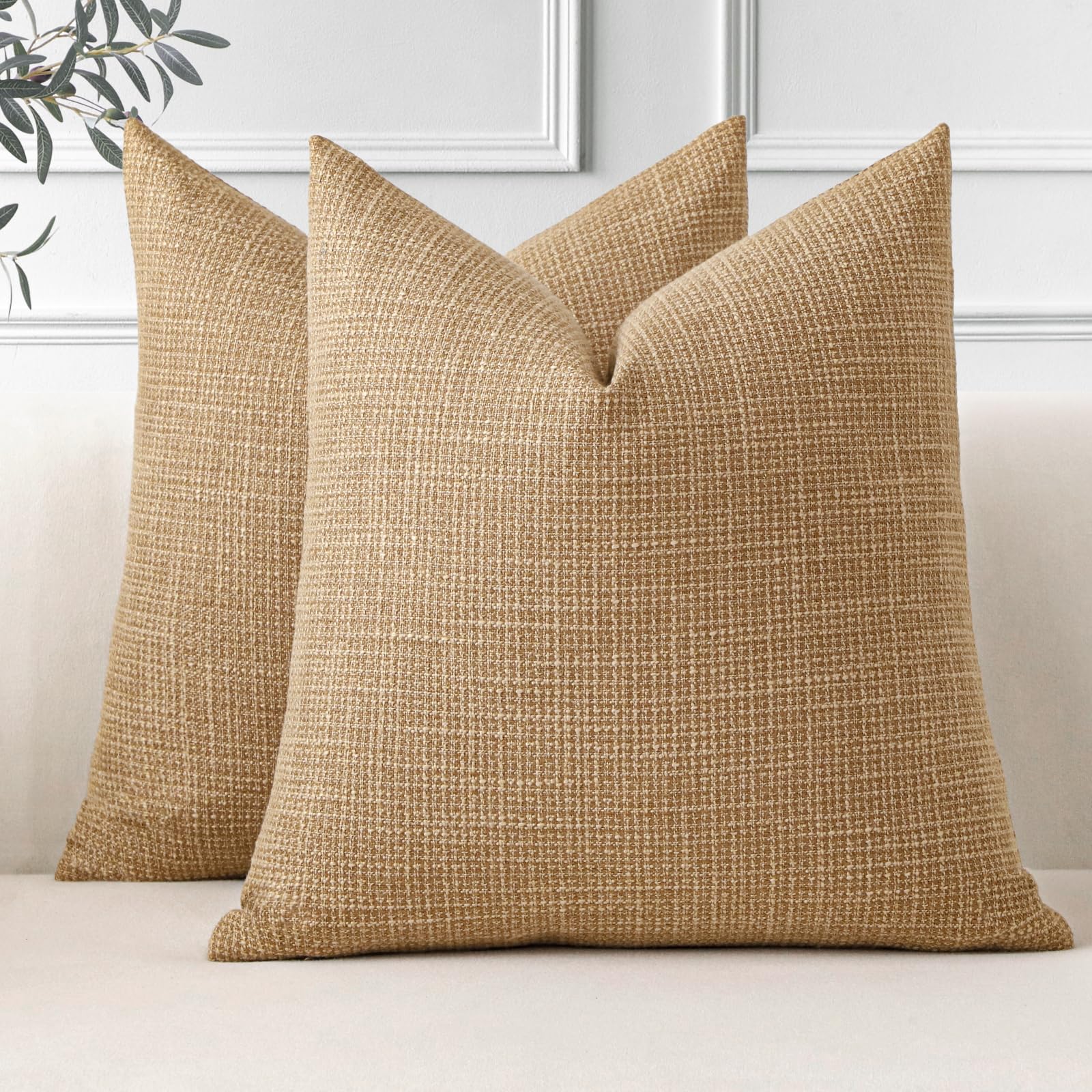 JOTOM Set of 2 Cushion Covers 50x50 cm Linen Light Brown Decorative Throw Pillow Covers 20x20 Inch Square Cushion Case Home Decor Pillowcases for Couch Sofa Living Room Bed (Light Brown)