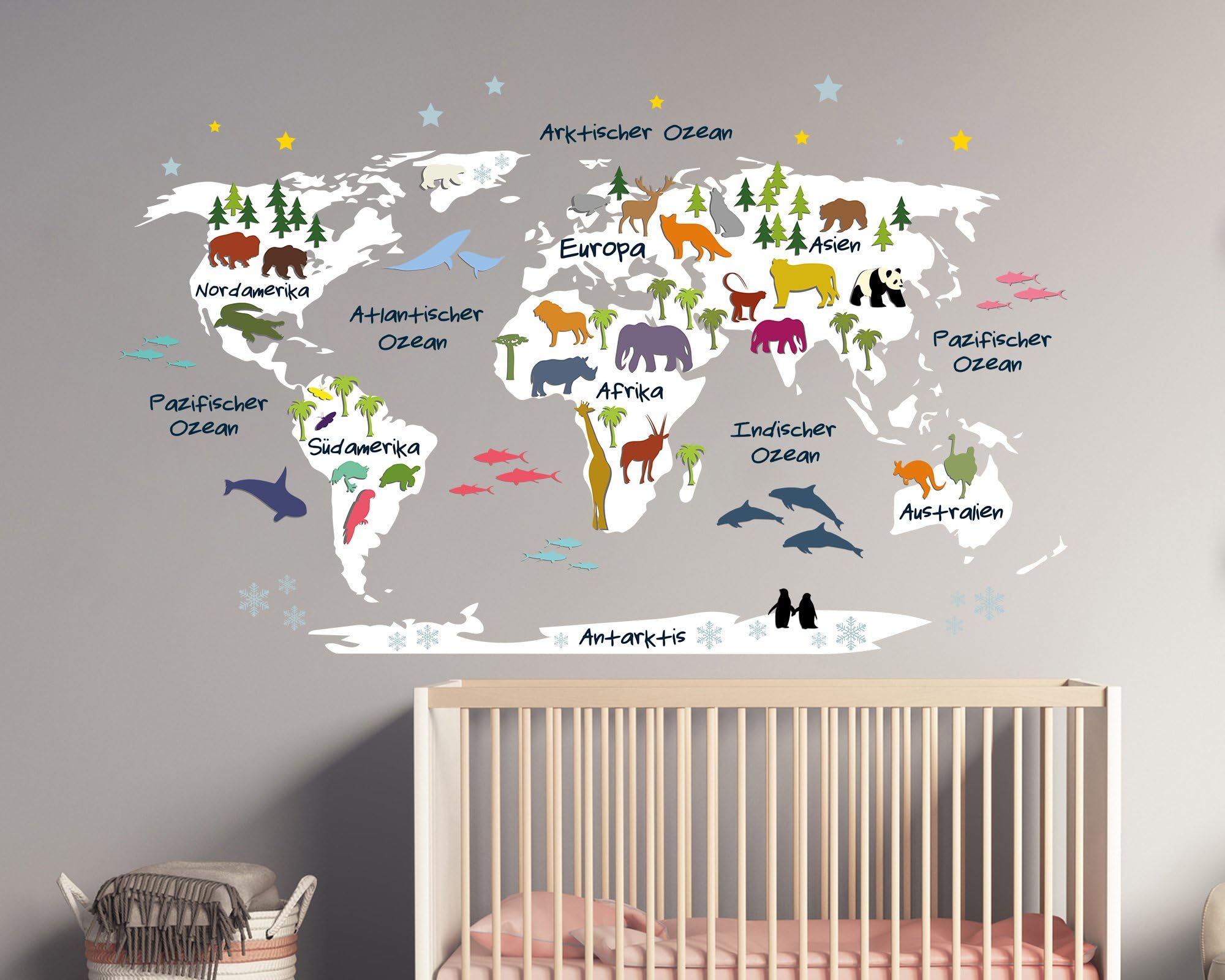 TinyFoxes Wall Sticker World Map for Children with Continents, Oceans and Animals in White (179 x 110 cm)