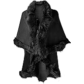 ZLYC Women Fine Knit Open Front Faux Fur Trim Layers Poncho Cape Cardigan Sweater