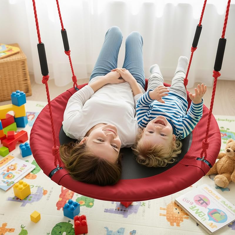 Relaxdays Nest Swing, Redondo, Punhos Almofadados, para crianças, Ajustáveis, Exterior, Ø: 100 cm, até 100 kg, Vermelho
