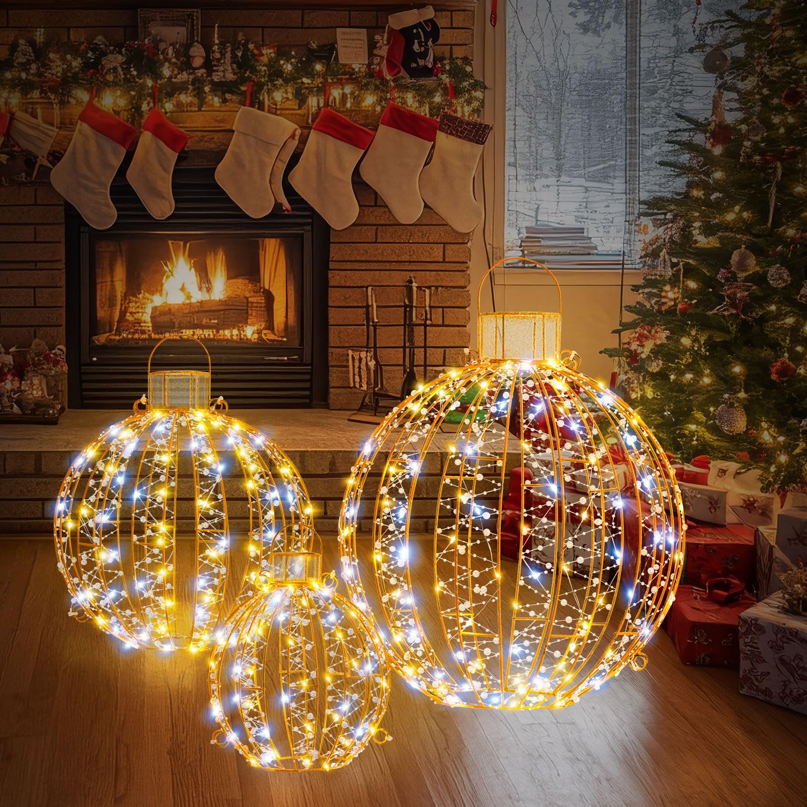 Photo 1 of ***FOR PARTS ONLY/ NON-FUNCTIONAL (HAS DAMAGED PIECES) *** 3 Pack Outdoor/Indoor LED Christmas Light Balls. Outside Lighted Sphere with 300 Warm White & White Lights for Holiday Decor, Patio, Wedding Decor Outdoor Christmas Decor