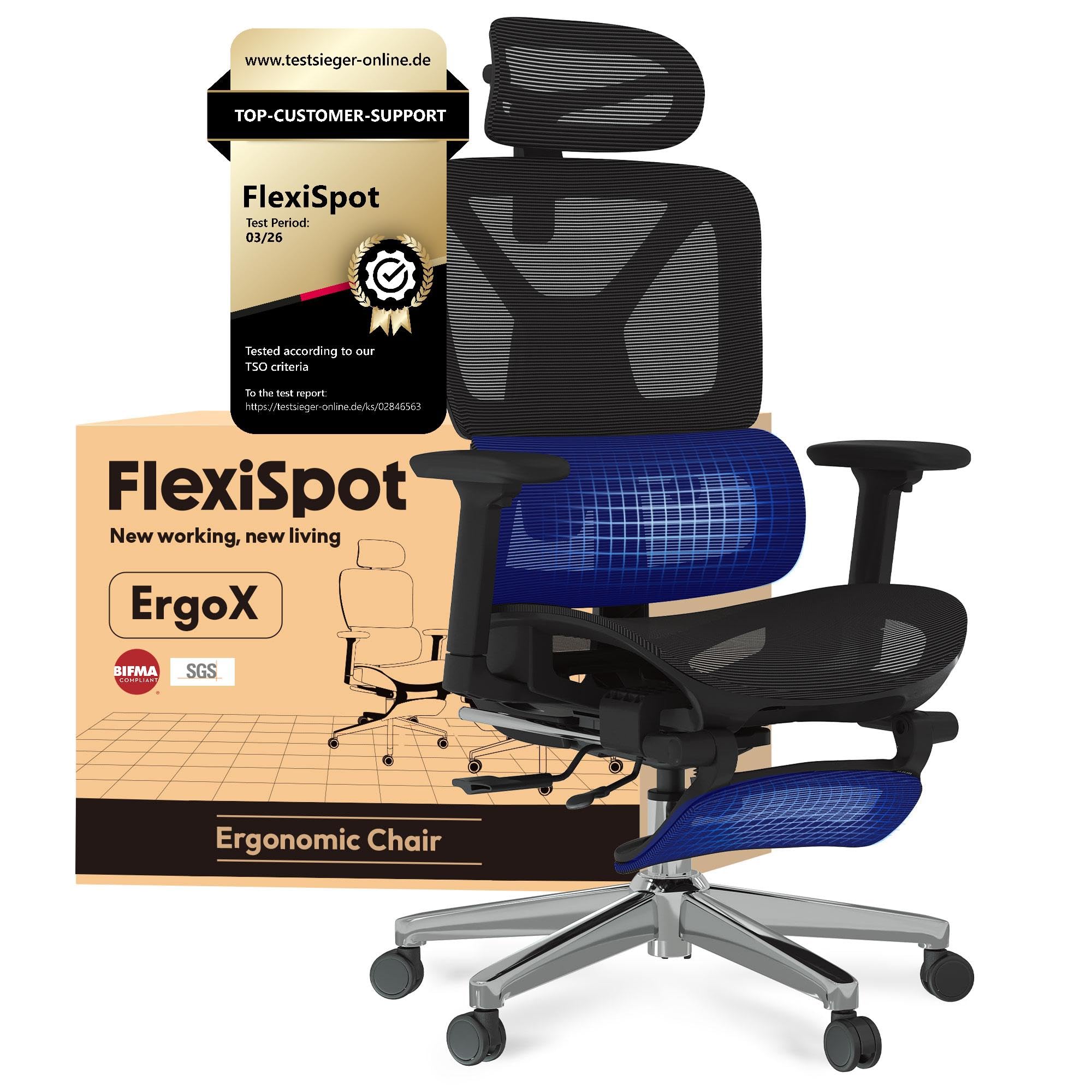 FLEXISPOT Ergonomischer Bürostuhl Schreibtischstuhl mit Fußstütze, 3D-Armlehnen, 3D-Kopfstütze, 5D-Rückenlehne, Atmungsaktiver Sitz Belastbar bis 136 kg Arbeitsstuhl, ErgoX, Schwarz
