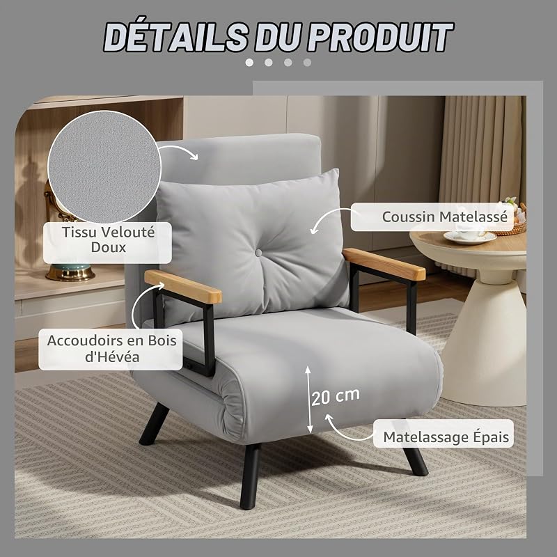 Canapé-lit 1 Place HOMCOM 4-en-1 Pliable 63x73x81 cm, Gris Clair
