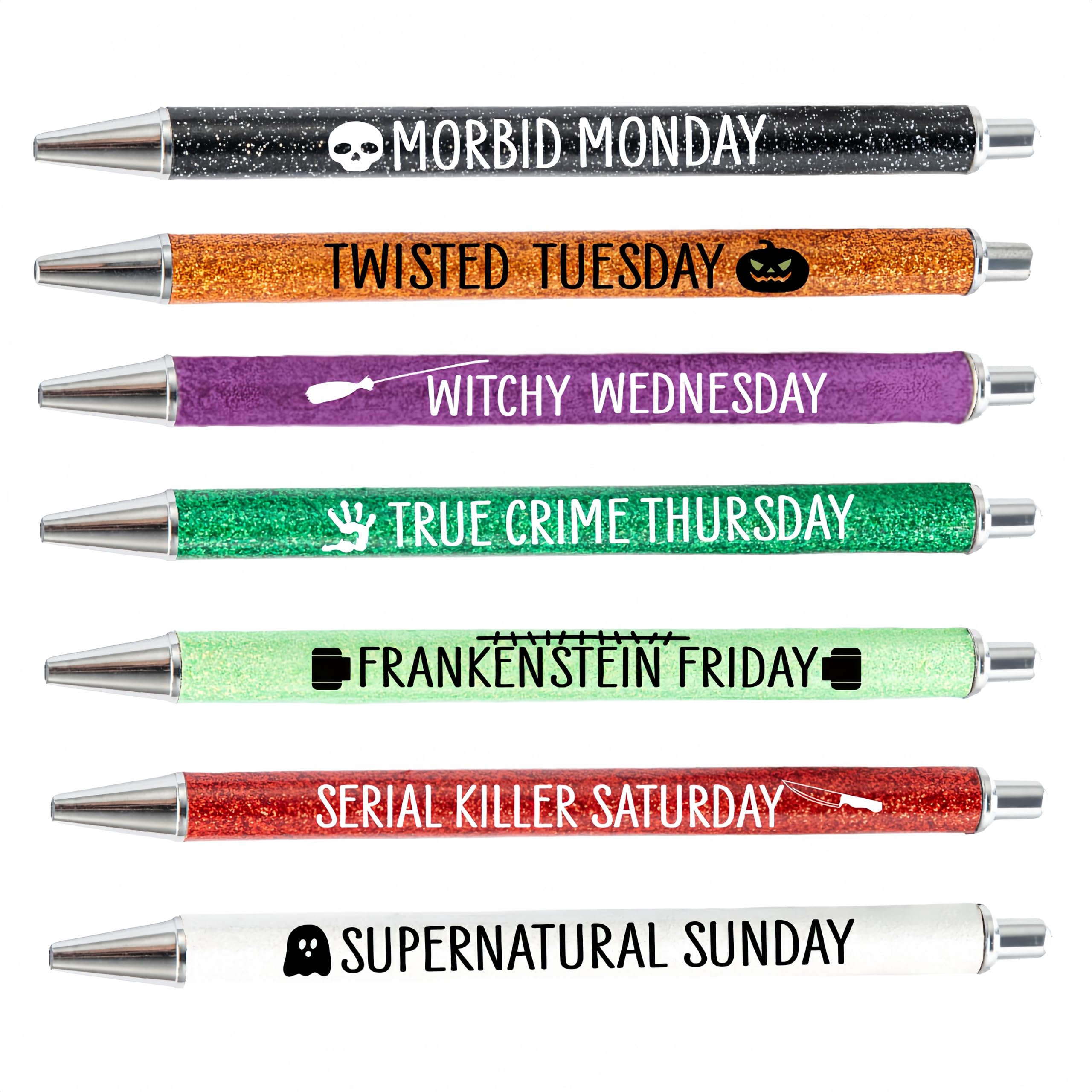 Photo 1 of (1 ITEM MISSING) Jxueych 7Pcs Halloween Weekday Pens Glitter Pen with Funny Sayings Vibrant Passive Fancy Ballpoint Pens Cute Gifts for Colleagues Office Supplies (Halloween Pen Set) 