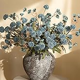 HyeFlora Fake Kiku Flowers, Faux Silk Pompon Mums Artificial Flowers, Chrysanthemum Stems Floral Arrangement Dried Flowers Vintage Decorative Indoor Home Decor Blue with Wax (Vase not Included)