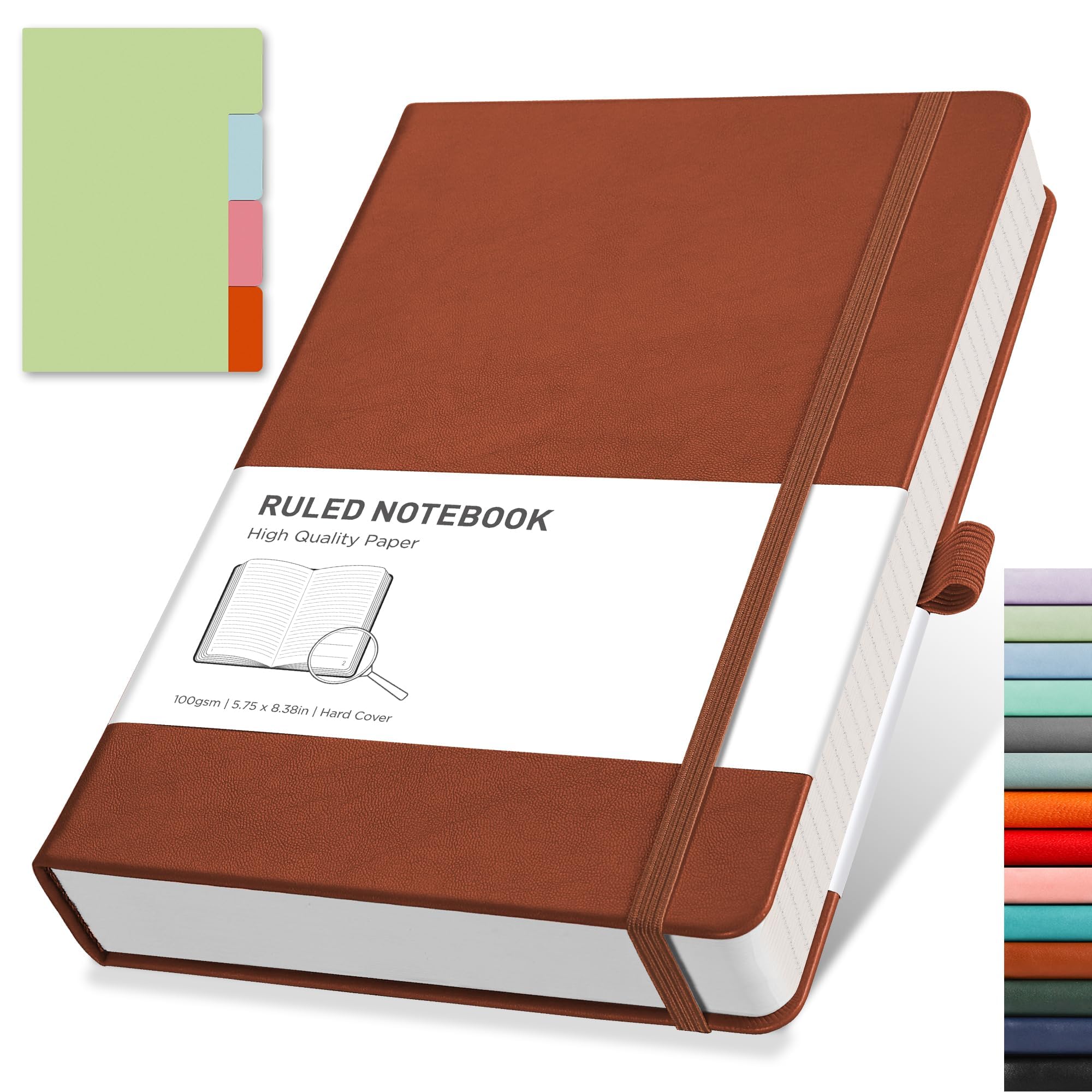 RETTACY Lined Journal Notebook - A5 Note Book Hardcover Notepad 192 Numbered Pages for Writing,100gsm Lined Paper, Leather Hardcover, for Women Men Work Office School,14.5 x 21cm - Brown