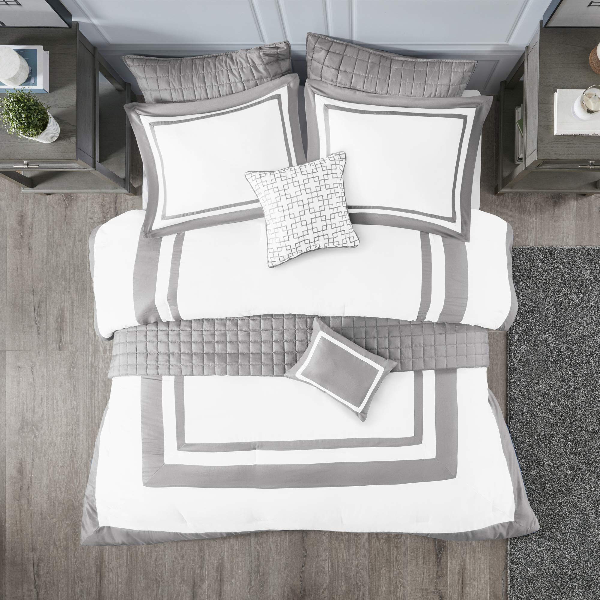 Madison Park Heritage Comforter Quilt Combo Set - Modern Luxury Design, All Season Down Alternative Bedding, Matching Shams, Decorative Pillows, Full/Queen(90"x90"), Color Block Grey 8 Piece Image