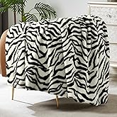 JONIYEAR Soft Fluffy Zebra Print Faux Rabbit Fur Throw Blanket 50" x 60", Luxury Cozy Shaggy Fuzzy Blankets, Reversible Cute Warm Animal Printed Blanket for Women Winter,Washable,Cream White and Black