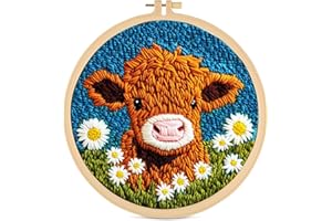 iodue Punch Needle Kit for Beginners, Punch Needle Kits Adults Beginner, Cute Cartoon Highland Cow with Daisy Flower
