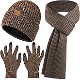 Winter Beanie Hat Scarf Gloves Set for Men & Women, 3PCS Knitted Warm Long Fleece Scarf with Touchscreen Gloves for Christmas