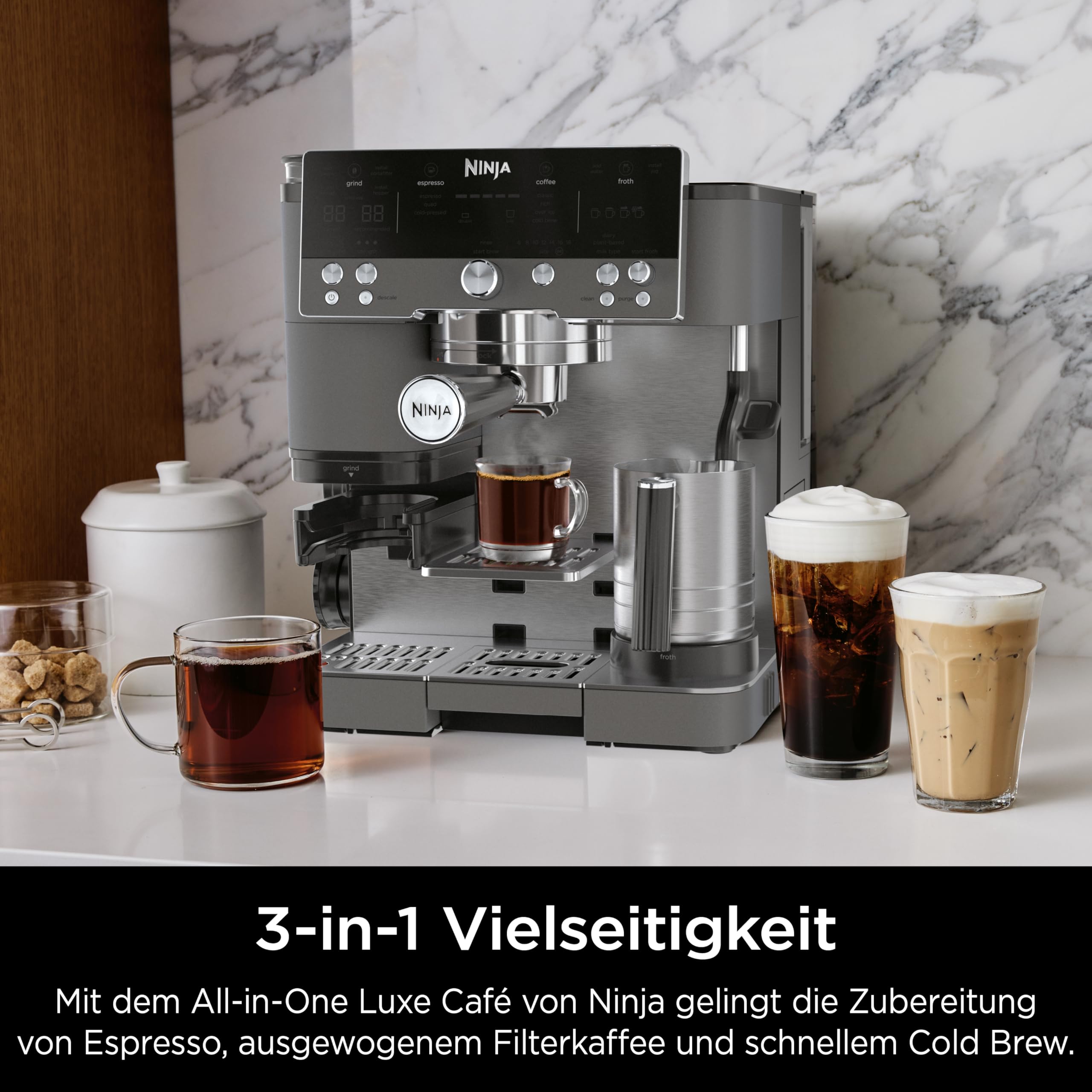 Ninja Luxe Premier 3-in-1 Kaffeemaschine, für Espresso, Cold Brew & Filterkaffee, 4 automatische Schaumeinstellunge, Grau-Metall, ES601EUGM 7