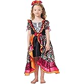 WEFONLLICOS Day Of The Dead Costume Kids Girls, Day Of The Dead Dress with Flower Headpiece Halloween Skull Outfit