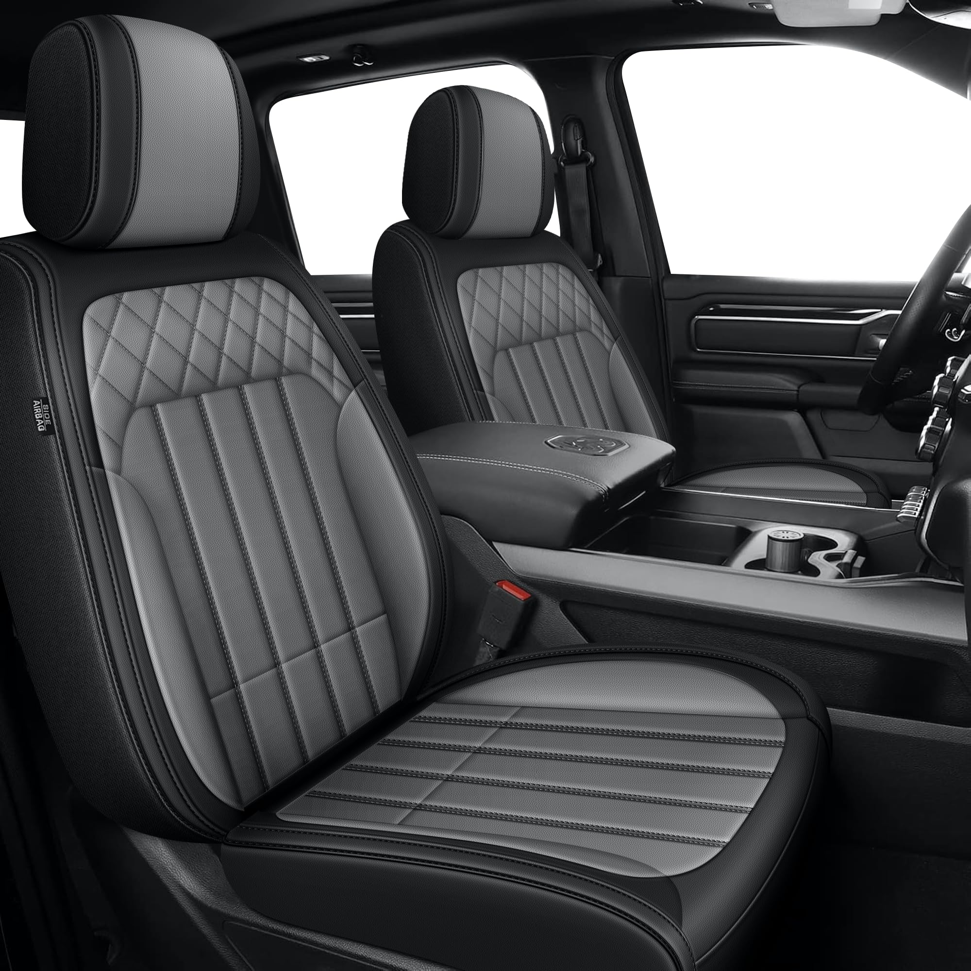 Photo 1 of AOMSAZTO Car Seat Covers Full Set Fit for Dodge RAM 2002-2025 1500 2500 3500 5 Seat Truck Pickup Crew Quad Cab with Curved Bench (#0180 Black&Grey)