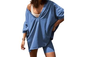 TAQCUX 2 Two Piece Outfits for Women Summer Oversized Workout V Neck T Shirts Biker Shorts Matching Sets