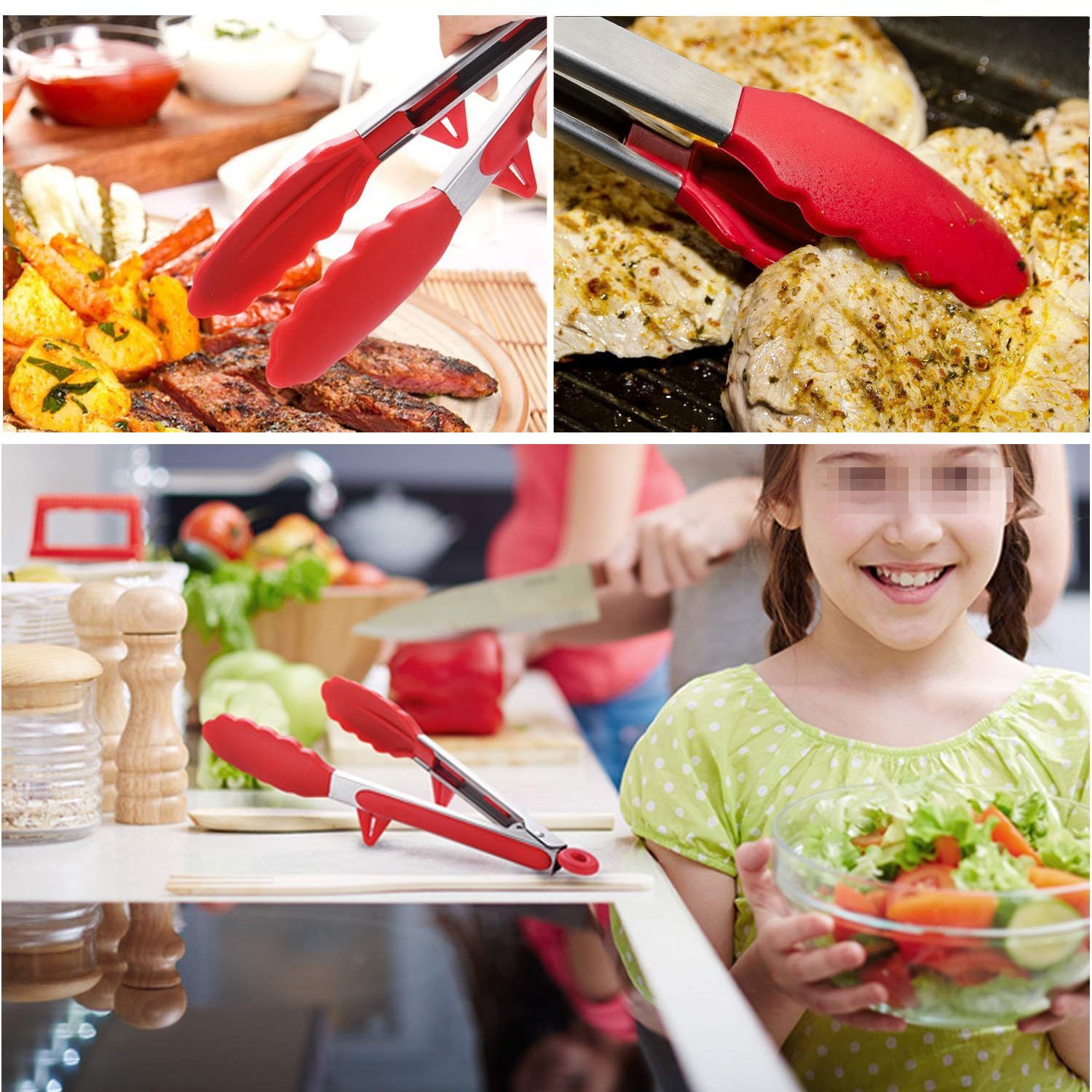 Phyles Pinzas de Cocina, Silicona de Cocina Premium Pinzas Antiadherentes 2 Pack 9 y 12 Pulgadas(Rojo)