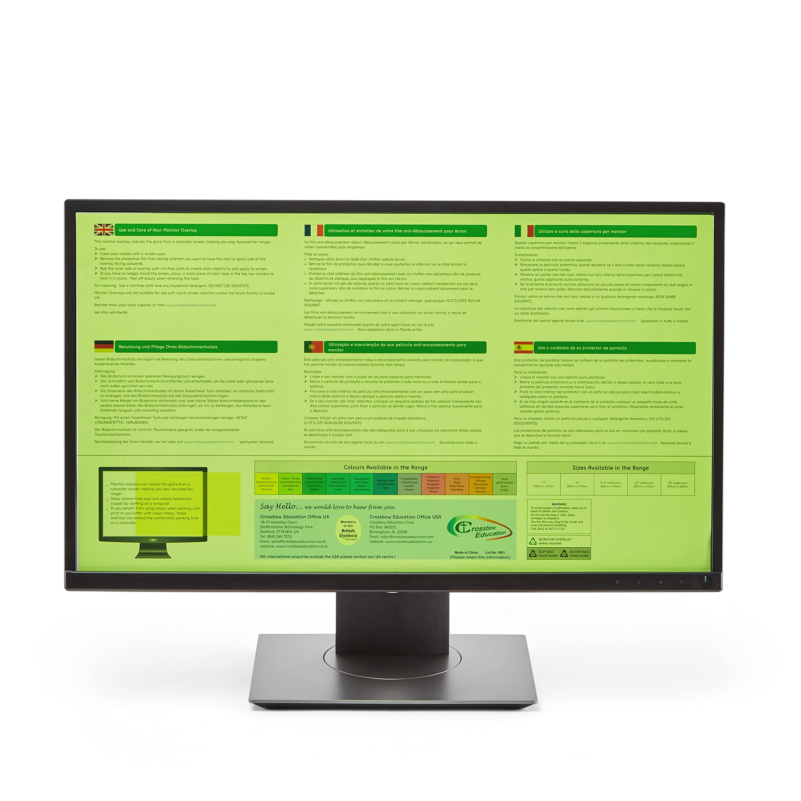 Crossbow Education 24-Inch Widescreen Monitor Overlay - Dyslexia and Visual Stress Friendly (Celery)