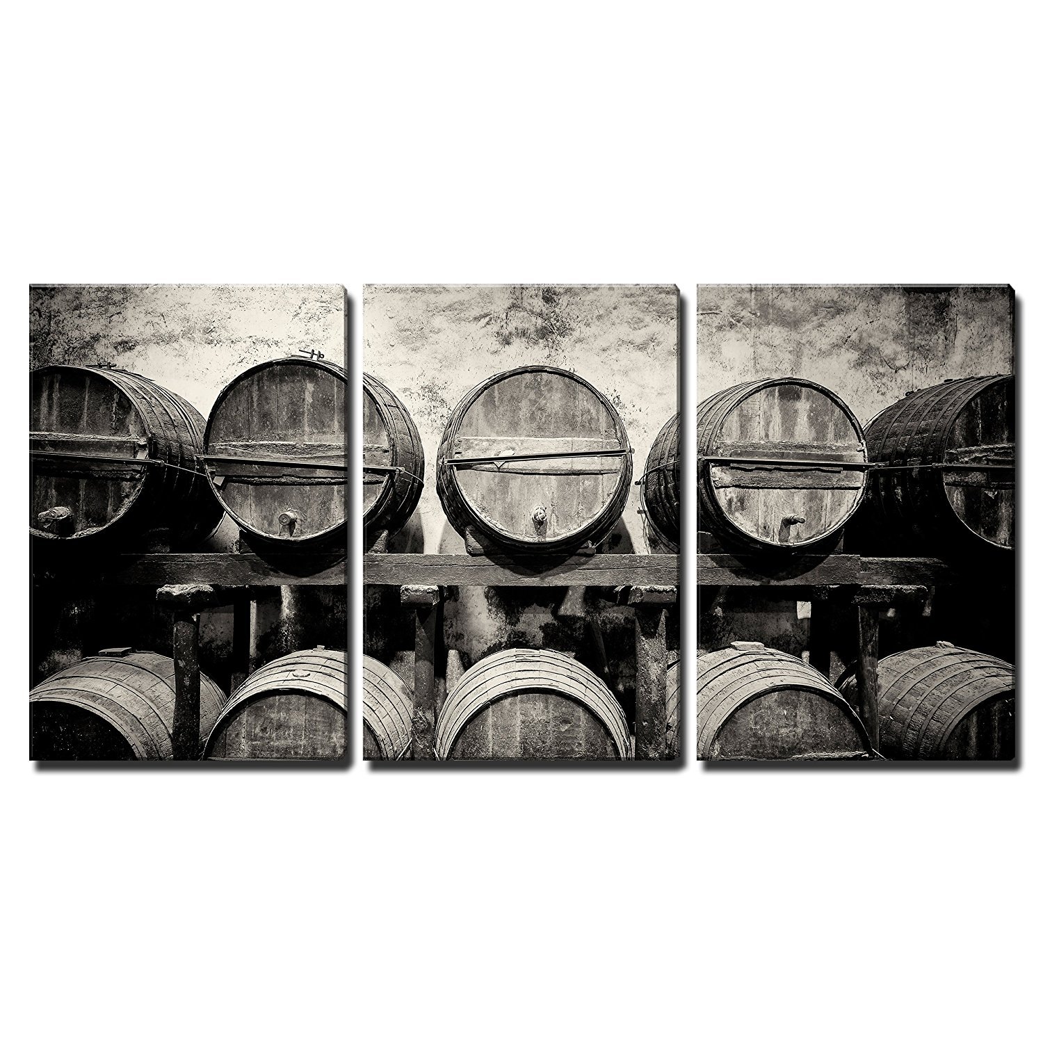 wall26 - 3 Piece Canvas Wall Art - Barrels Stacked in The Winery in Black and White - Modern Home Art Stretched and Framed Ready to Hang - 24"x36"x3 Panels