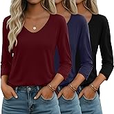 Huukeay 3 Pack Women's 3/4 Sleeve T-Shirts, V Neck Casual Tops Loose Fit Tunic Basic Tees 3/4 Length Sleeve Soft Blouses