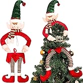 2 Pcs Christmas Tree Elf Legs Plush Hanging Elf Head Christmas Tree Leg Trees Topper Red Green Hats Ornaments for Holiday Indoor Outdoor Decor Home Fireplace Car Decoration