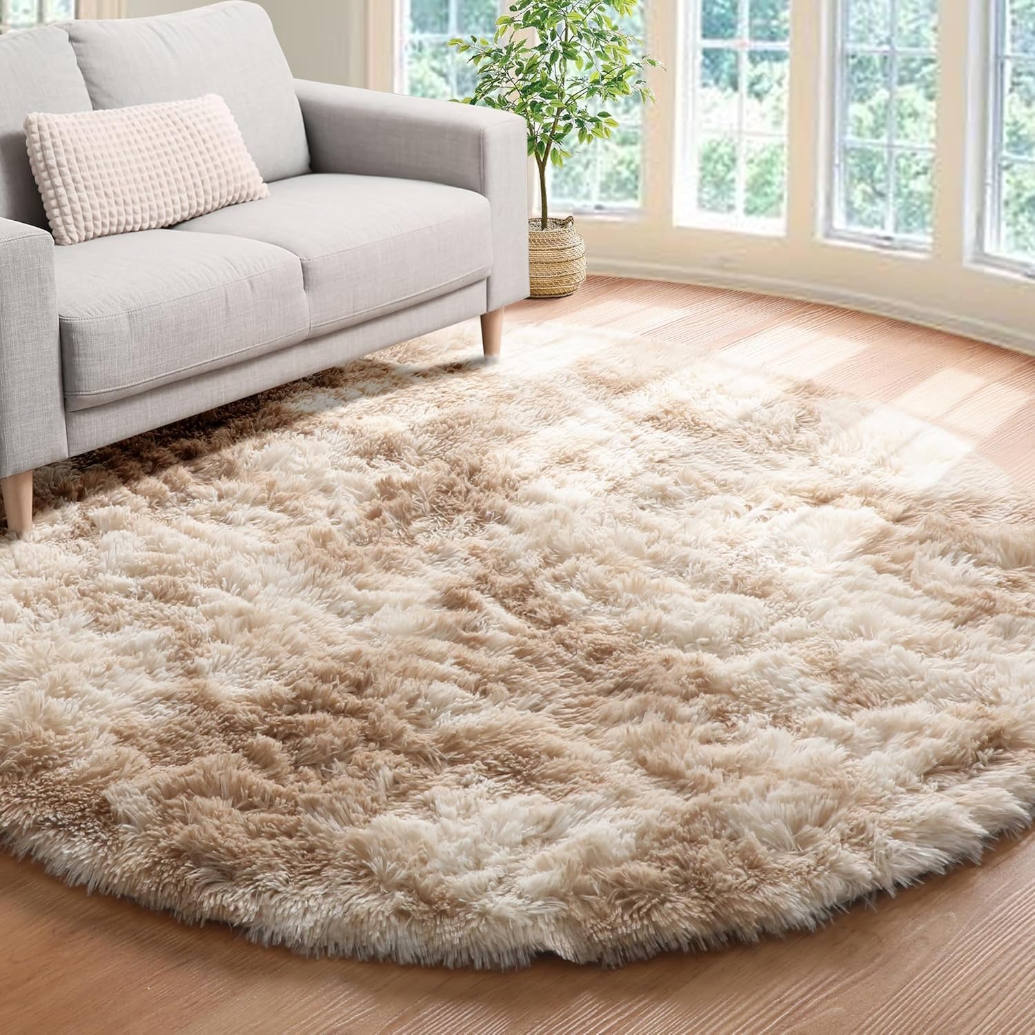 Tenekee Round Rugs for Bedrooms Fluffy Living Room Circle Area Rug Soft Shaggy Carpet for Kids Room Floor Mat(Khahi white, 160cm)