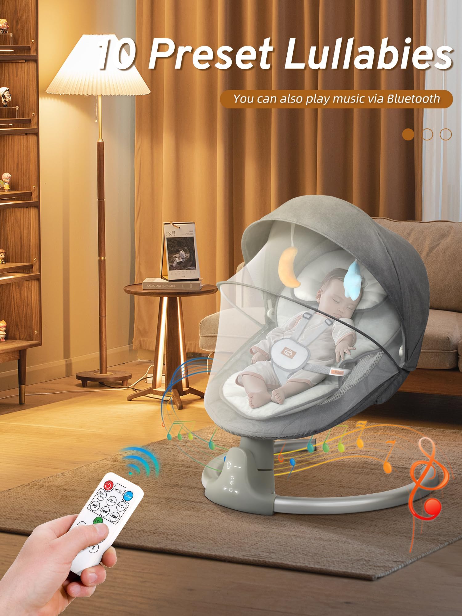 BIUSIKAN Baby Swings for Infants, Electric Baby Swing with Lullabies, Bluetooth, Remote Control, Infant Swing with 3 Seat Positions for Baby Boy Girl, Portable Baby Swing, Grey