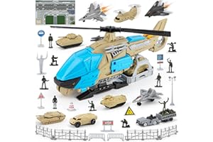 XDUOYJOY Military Helicopter Toys, Army Toys Set with 10 Vehicles, Tanks, Fighter Jet, Airplane, Aircraft, Army Men and Play Mat, Birthday Gift for Boys