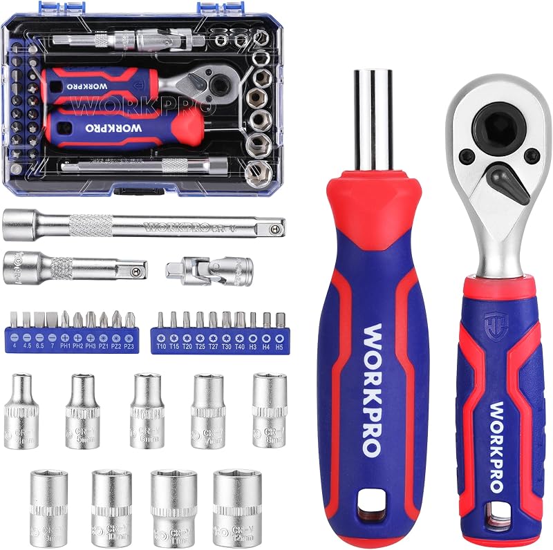 Coffret de Douilles et Embouts 34 Pièces, Mini Clés à Cliquet 1/4" Double Tête 2-en-1, Tournevis à Embouts Magnétique, 2 Rallonges et Joint Universel, Outils de Réparation pour Vélos Voitures