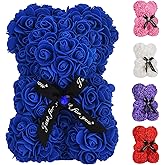 EALEBE Artificial Rose Flower Bear,Perfect Romantic Gift for Her, Valentine's Mother's Day, Christmas, Birthday,Thanksgiving Party Anniversary Girl Friend Wife with Heart-Shaped Diamond,Sapphire Bule