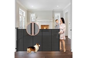 STCOCKIS Reinforced 42" Extra Tall x 75" Wide Retractable Baby Gate with Support Rods - Prevents Crawling under Extra Tall Dog Gate Indoor Mesh Gate Outdoor Long Baby Gate Tall Dog Gates for Doorways, Black
