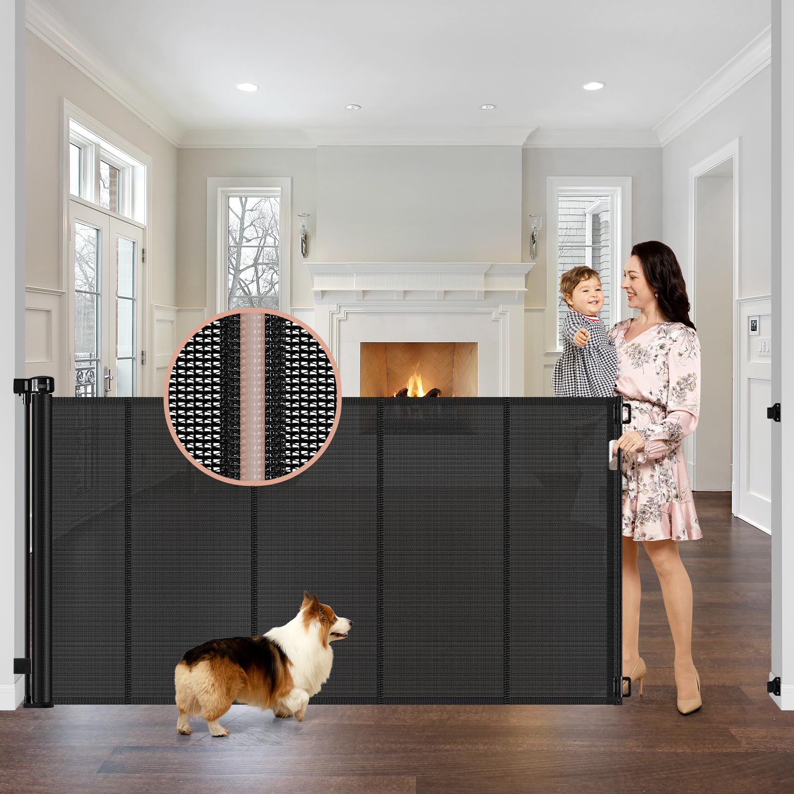 Photo 1 of **PRODUCT NOT REVIEWED**
**UNTESTED**Reinforced 42" Tall x 75" Wide Retractable Baby Gate with Support Rods - Prevents Crawling Under Extra Tall Pet Gate Indoor Mesh Gate Outdoor Long Baby Gate Tall Dog Gates for Doorways, Black
