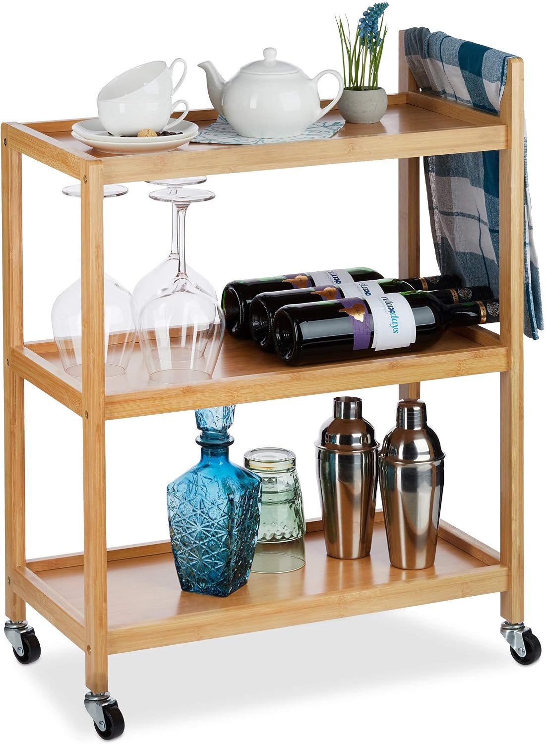 Relaxdays Bamboo Serving Trolley, 3 Tiers, Natural Look, 360° Casters, Bamboo, HxWxD: 76x58x30 cm, Natural