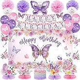 Roetyce Butterfly Decorations, 37PCS Happy Birthday Banner Balloons Honeycomb Centerpieces Cake Topper Kit, Purple and Pink Party Decorations
