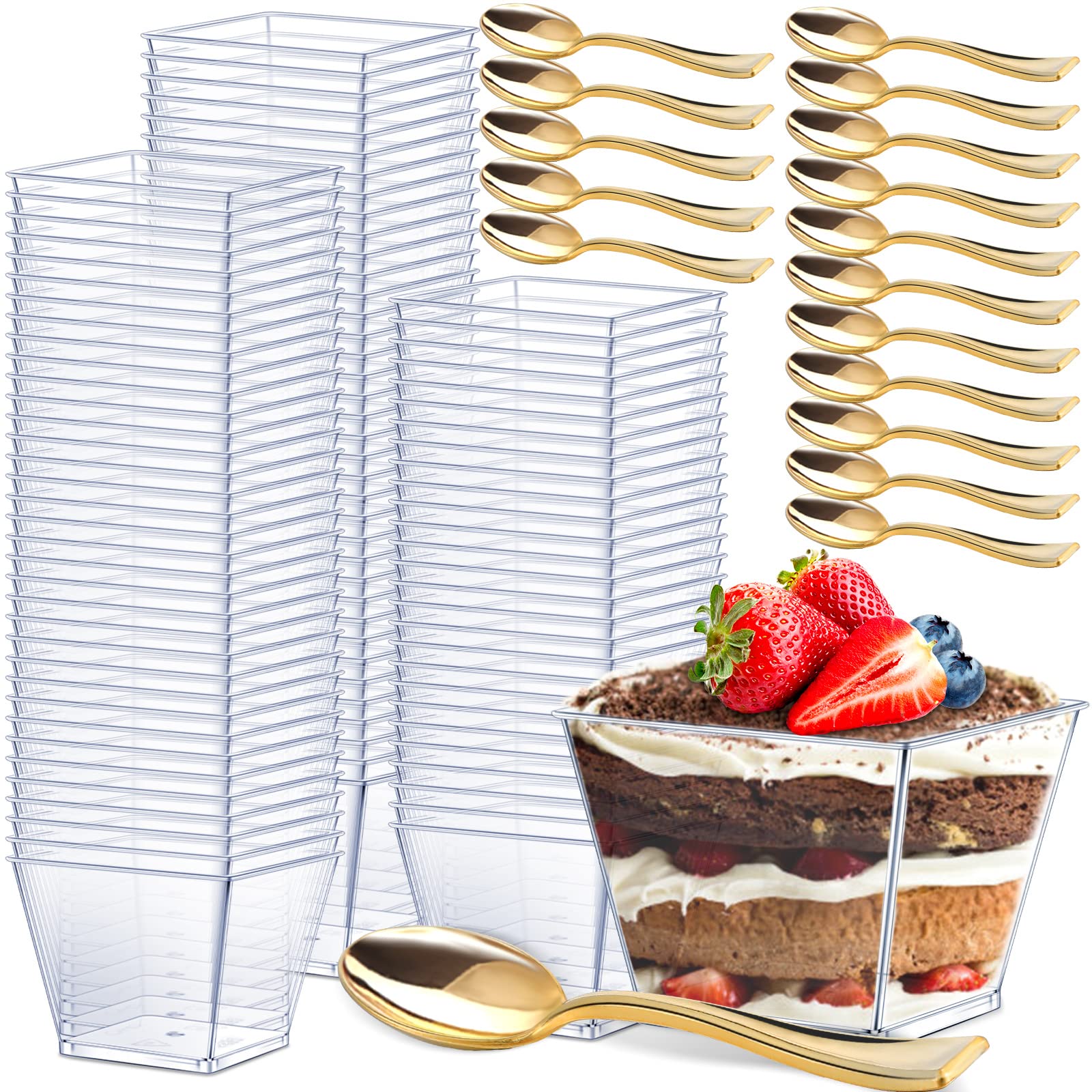 Photo 1 of Dingion 400 Pcs 4 oz Plastic Dessert Cup with Spoon Set - 200 Square Mousses Cup & 200 Gold Glitter Tasting Spoons for Parfait Appetizer Ice Cream Wedding Party Catering