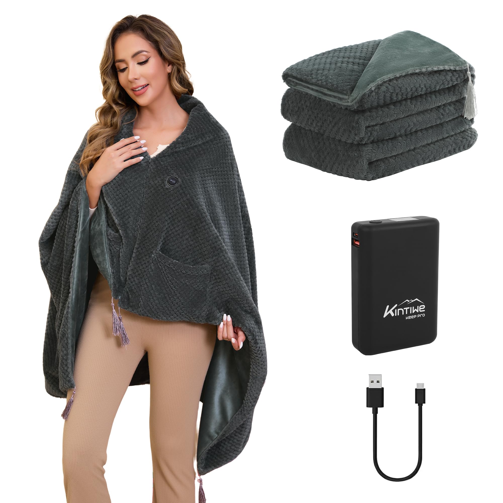 Photo 1 of Heated Blanket Throw Battery Operated, Portable Cordless Heated Shawl Ponchol with 4 Heating Areas & 3 Heating Modes,Electric Wearable Heating Outdoor Camping Blanket for Traveling,Picnics,Grey