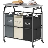 Hoctieon 3 Section Laundry Sorter with Ironing Board, Hamper with Wheels | Black+Gray+Beige,Lockable Wheels, Laundry Basket Organizer, Heavy Duty Clothes Separator, Removable Bags,Rolling Laundry Cart