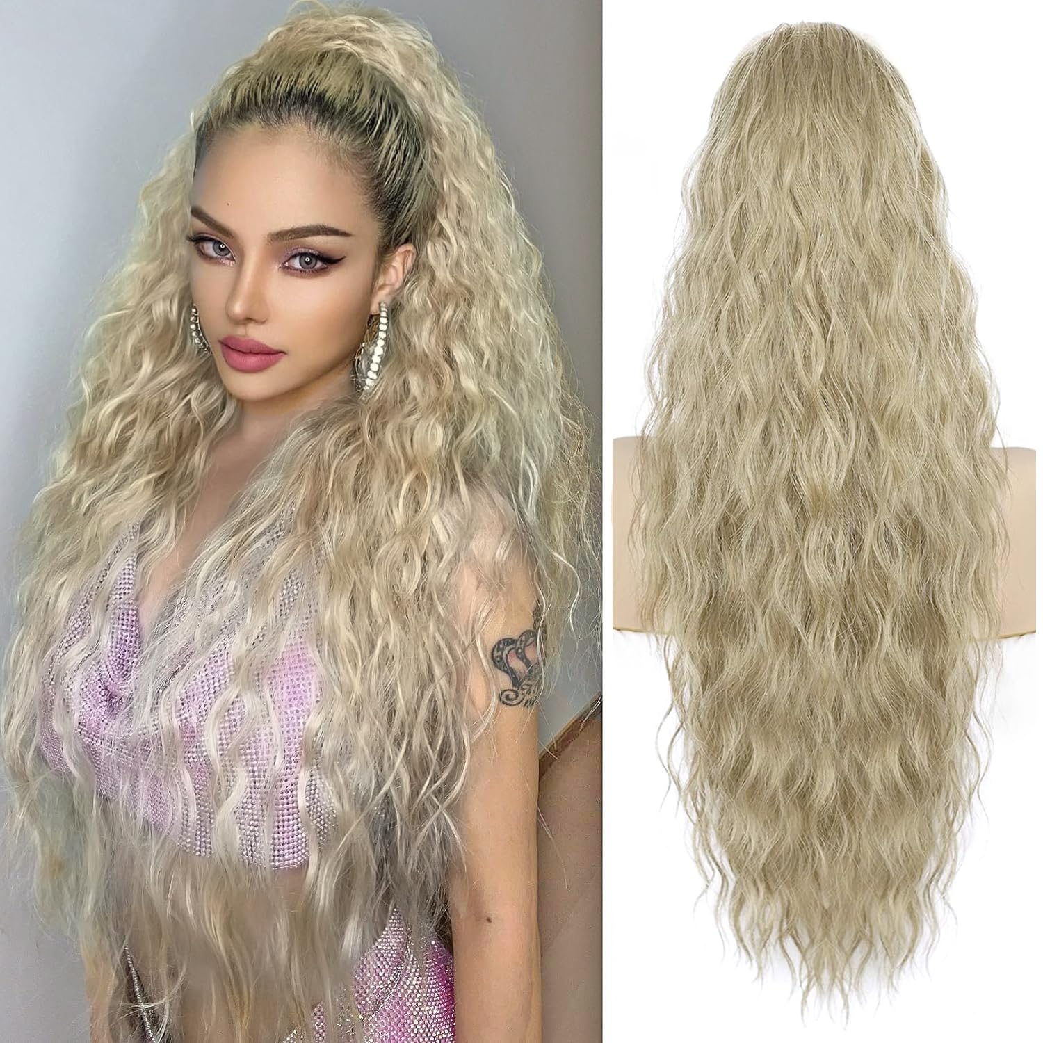 PORSMEER Ponytail Extension Ash Blonde Long Curly Drawstring Clip in Pony Hair Extension Synthetic Pony Tail Hairpiece for Women — image 1