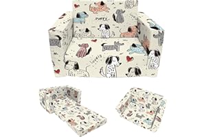 HÄN BABOS Hän Babos Kids Couch, 2-in-1 Convertible Sofa to Lounger, Comfy Flip-Out Couch Chair/Sleeper Bed for Toddler Boys and Girls (Beige-Dog)